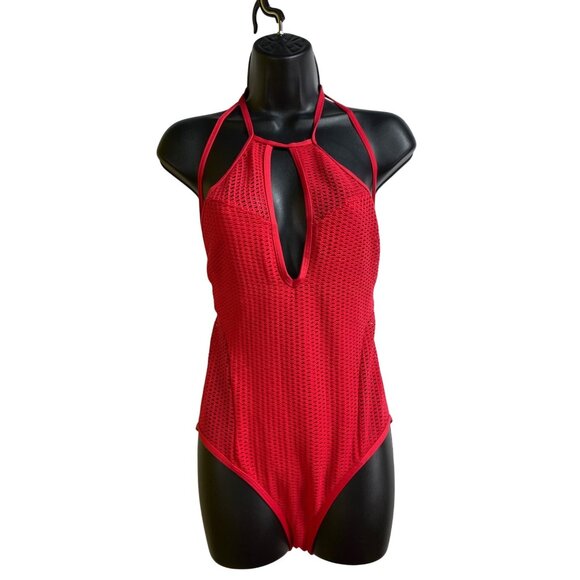Red Carter Mesh Cutout One-Piece Swimsuit Size Medium US 8 Sexy Bathing Suit Y2K - Picture 1 of 7